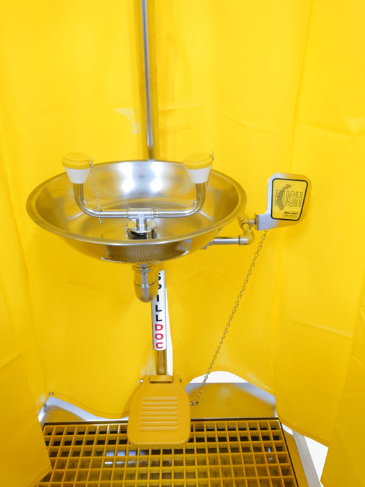 Spilldoc Curtain Booth Type Emergency Shower & Eyewash Station with waste water containment sink SDCBSE304