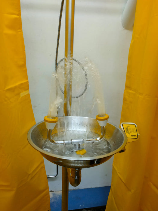 Spilldoc Curtain Booth Type Emergency Shower & Eyewash Station with waste water containment sink SDCBSE304